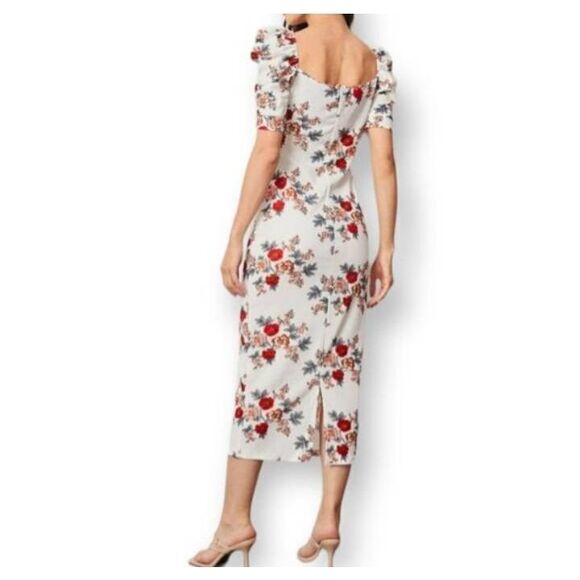 SHEIN RED & WHITE PUFF SLEEVE SLIT BACK FLORAL DRESS SZ.M EUC. - Picture 2 of 13